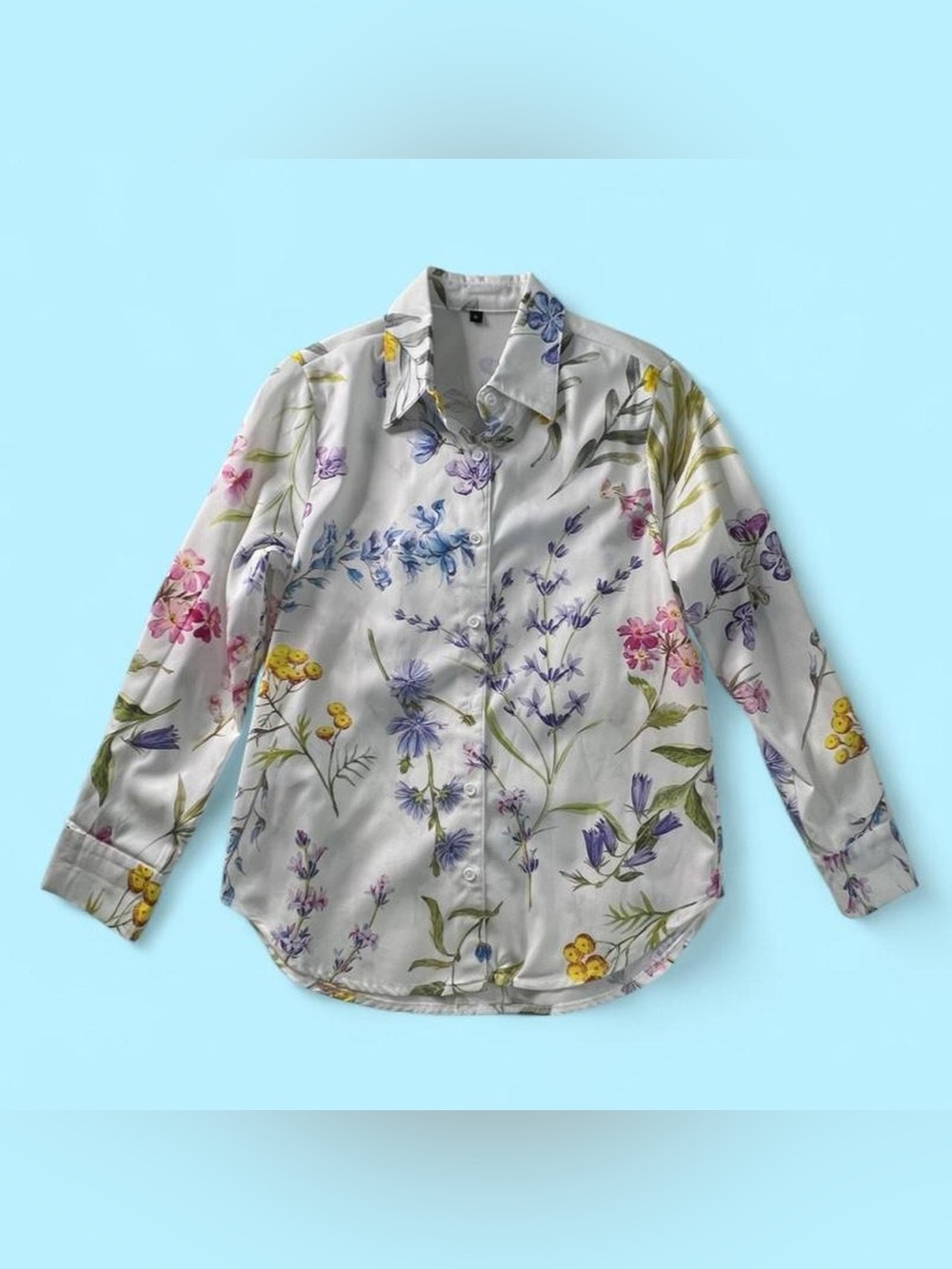 White Floral Satin-Feel Button Up Blouse Size S